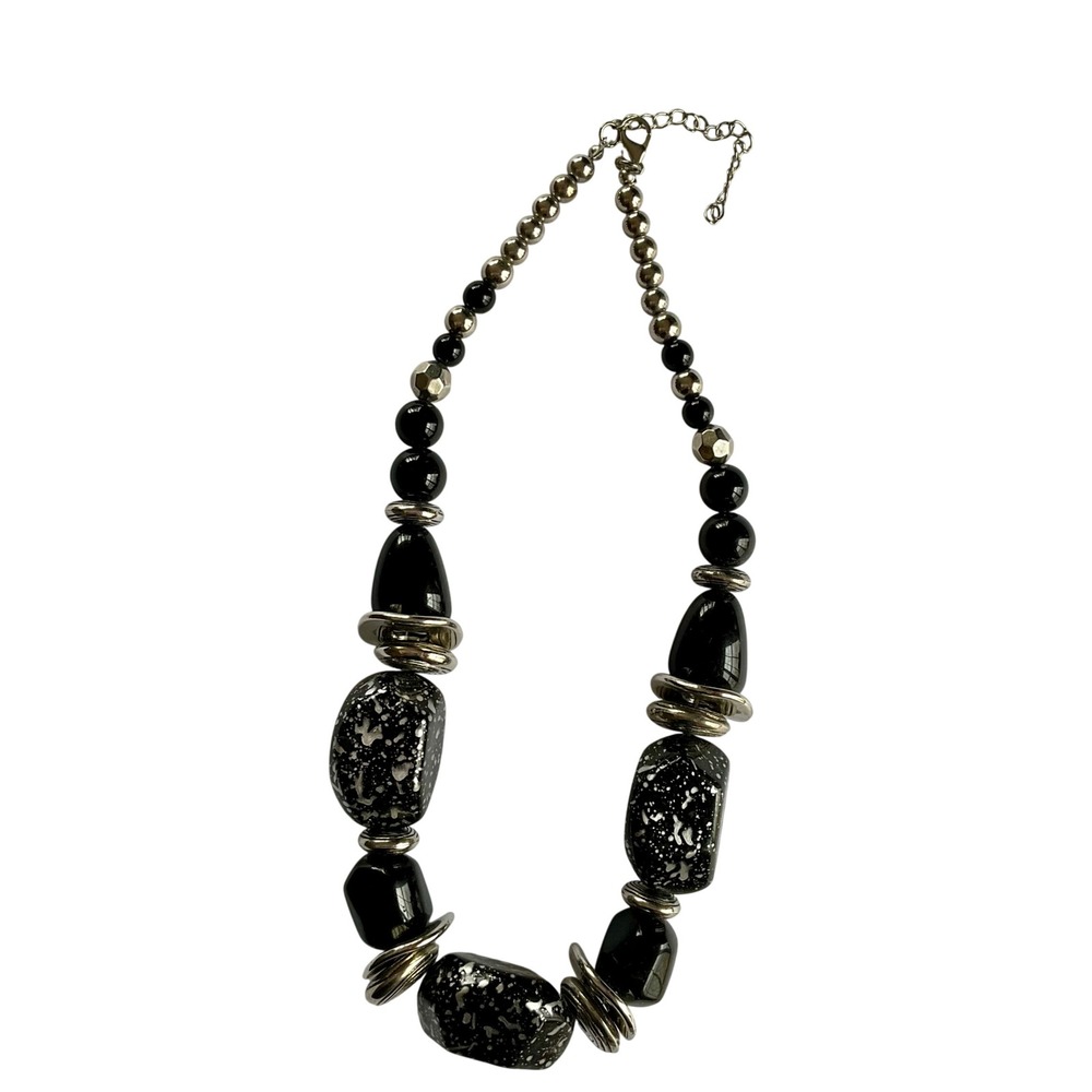 Chunky Black & Silver Statement Necklace Speckled Resin Bead Adjustable Funky